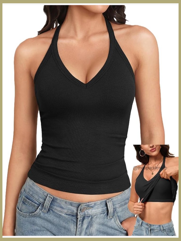 Ribbed V Neck Tank Top With Built In Bra Racerback Fitted Cami